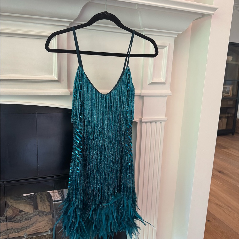 NADINE MERABI Teal Lottie Feathered Dress - Picture 12 of 13
